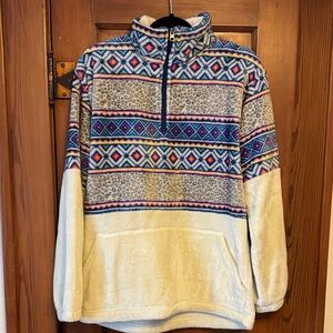 Women's Patterned Zip-Up Fleece - Cream and Blue